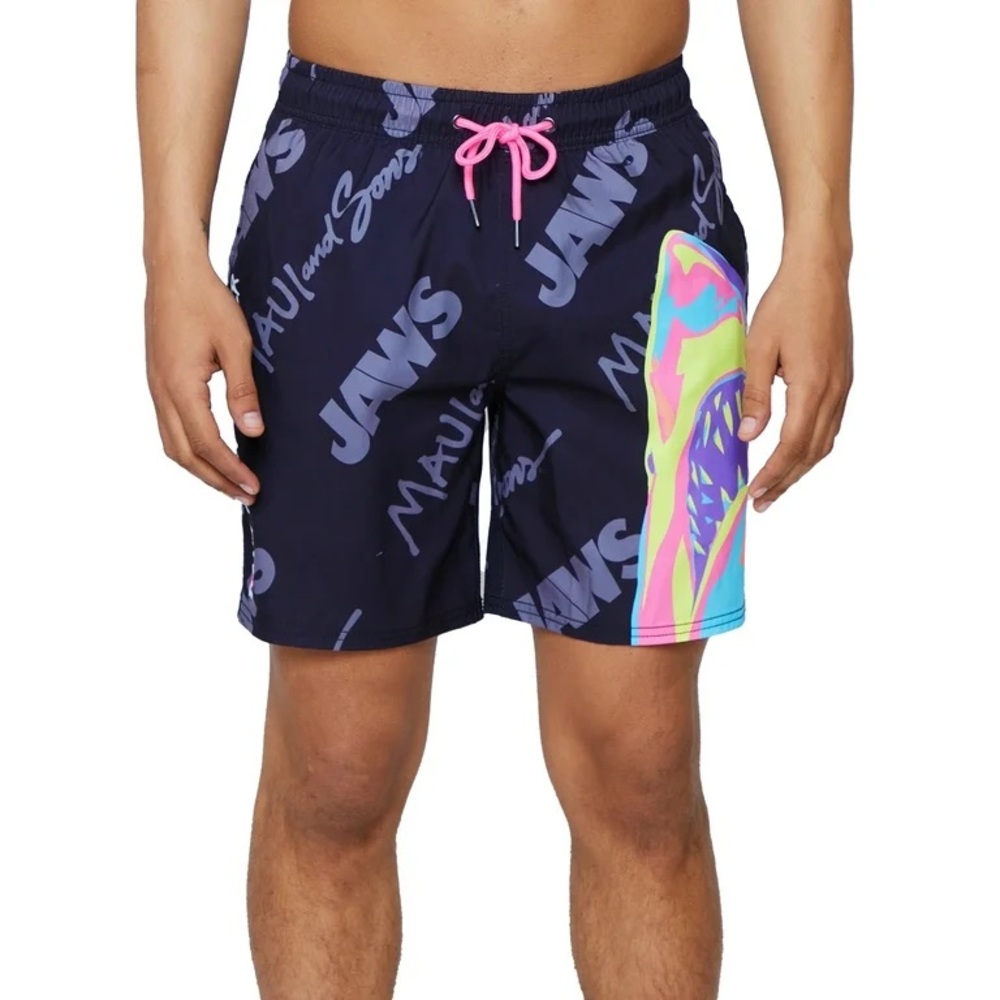 Maui and Sons Men's Shark Jaws Print Swim Shorts - Black and Neon EUC